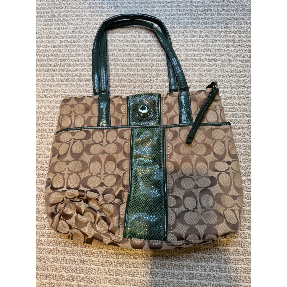 Coach Monogram Tote Bag Green Snakeskin‎ Accents